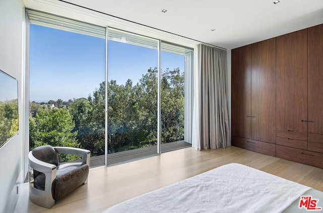 bedroom with a wall of windows and light hardwood / wood-style flooring