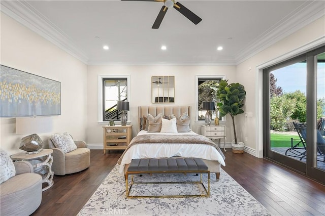 bedroom with access to exterior, ceiling fan, crown molding, and dark hardwood / wood-style floors