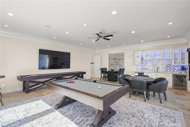 recreation room featuring billiards, beverage cooler, ceiling fan, and ornamental molding