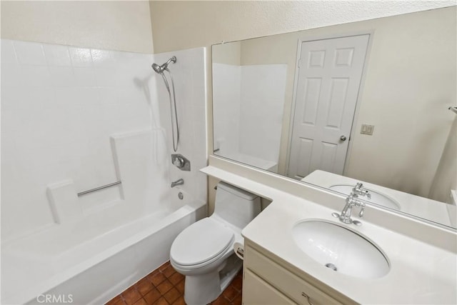 full bathroom with toilet, tile patterned flooring, washtub / shower combination, and vanity