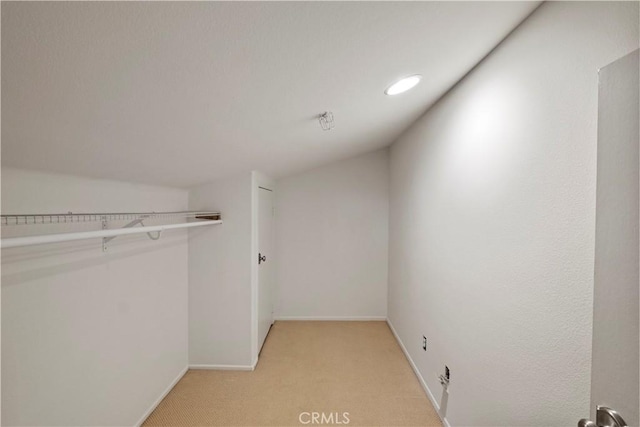 walk in closet featuring light colored carpet