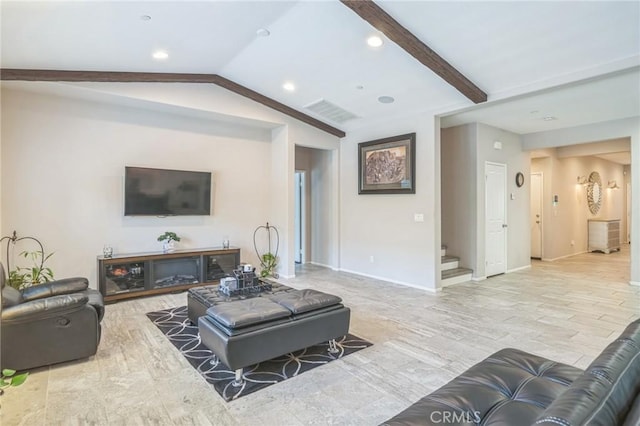 33312 Hitching Post Dr, Winchester, CA 92596 - living area featuring stairs, baseboards, vaulted ceiling, and recessed lighting