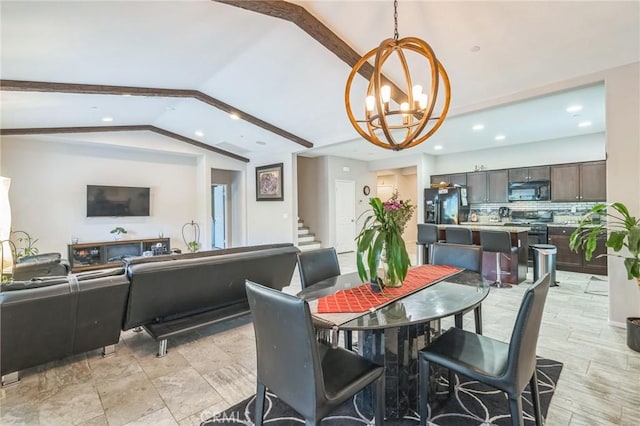 33312 Hitching Post Dr, Winchester, CA 92596 - dining area with vaulted ceiling, a chandelier, recessed lighting, and stairs