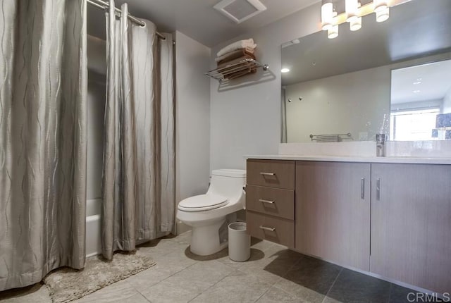 full bathroom featuring toilet, shower / tub combo, tile patterned floors, and vanity