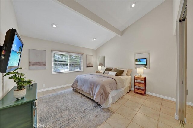 bedroom featuring light tile patterned flooring, high vaulted ceiling, and beamed ceiling