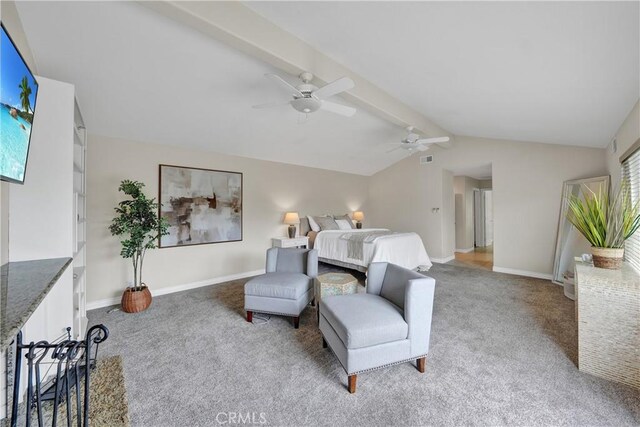 carpeted bedroom featuring vaulted ceiling with beams and ceiling fan