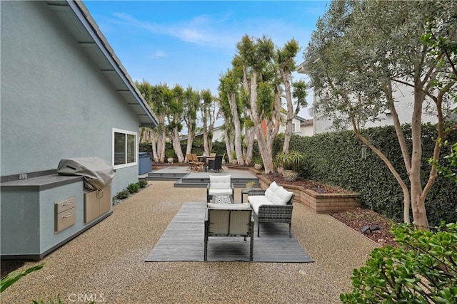 view of patio / terrace with area for grilling, an outdoor hangout area, and exterior kitchen