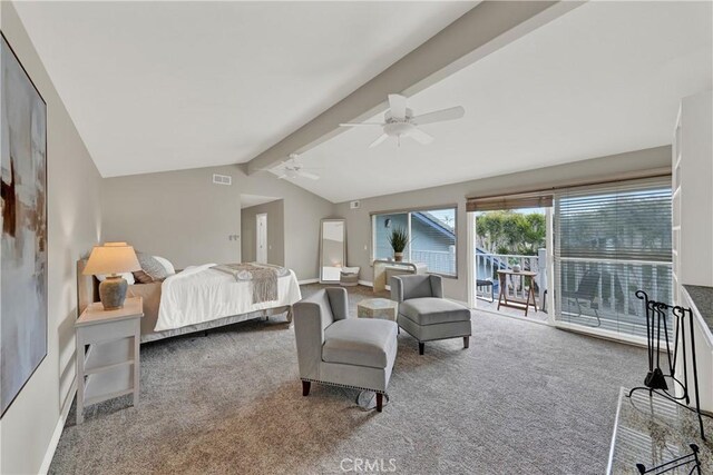 bedroom with carpet floors, vaulted ceiling with beams, access to exterior, and ceiling fan