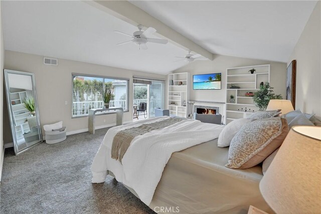 bedroom featuring ceiling fan, access to exterior, carpet, and vaulted ceiling with beams