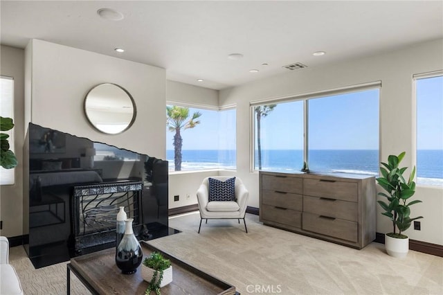 living area featuring a view of the beach, a wealth of natural light, and a water view