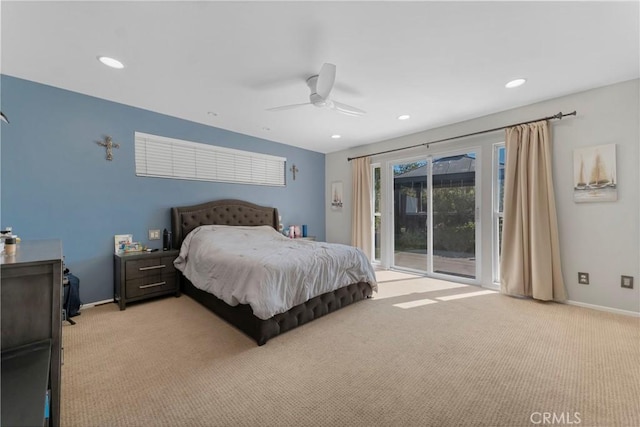 carpeted bedroom with ceiling fan and access to exterior