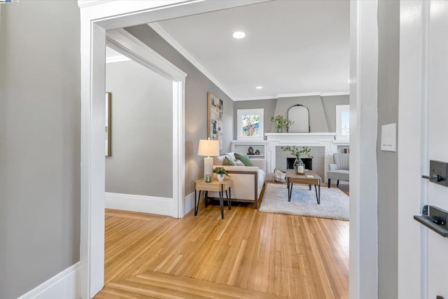 interior space featuring a tile fireplace, ornamental molding, and light hardwood / wood-style flooring