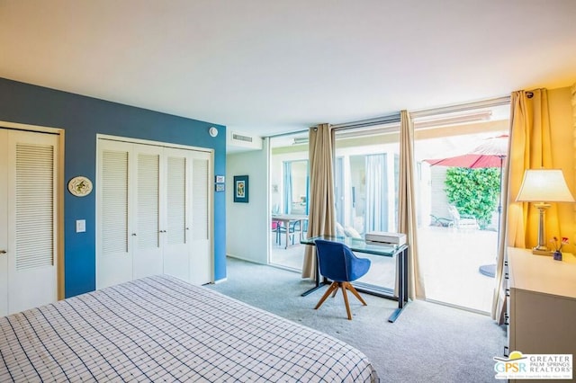 bedroom featuring access to outside, light carpet, and multiple closets