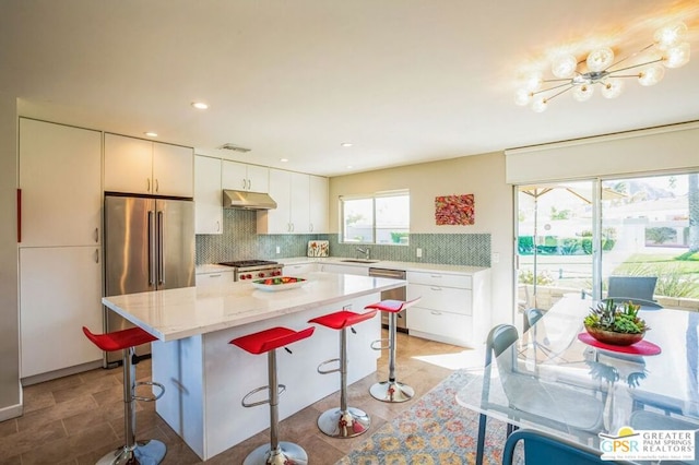 kitchen featuring stainless steel appliances, a kitchen bar, white cabinetry, and sink