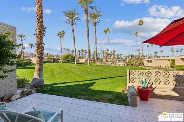 view of community with a patio and a lawn