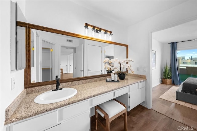 bathroom with vanity and wood-type flooring