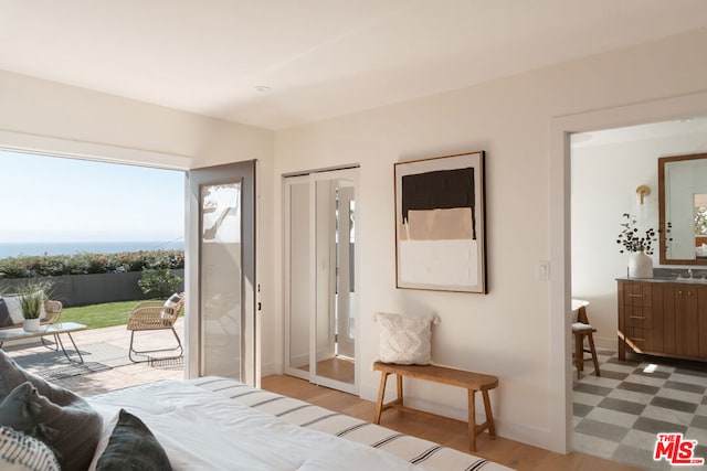 bedroom with access to outside, a closet, wood-type flooring, and sink