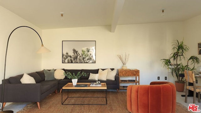 living room featuring carpet and beamed ceiling