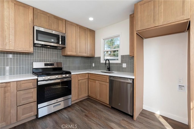 kitchen with tasteful backsplash, appliances with stainless steel finishes, dark hardwood / wood-style floors, and sink