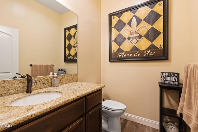 bathroom featuring toilet, vanity, and wood-type flooring