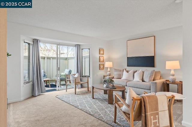 living room with a textured ceiling and carpet flooring