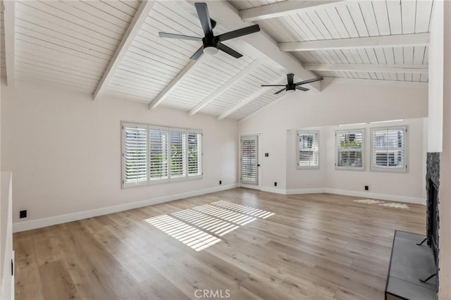 unfurnished living room with ceiling fan, light hardwood / wood-style floors, and lofted ceiling with beams