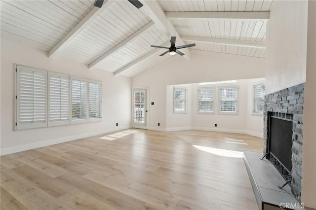 1536 Wollacott St, Redondo Beach, CA 90278 - unfurnished living room with a ceiling fan, a stone fireplace, baseboards, wood finished floors, and beamed ceiling