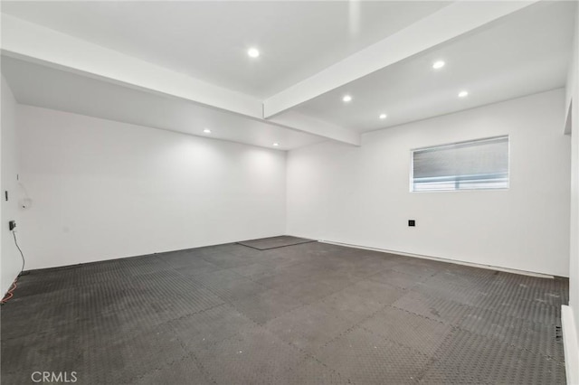 1536 Wollacott St, Redondo Beach, CA 90278 - empty room with beamed ceiling, recessed lighting, and dark colored carpet