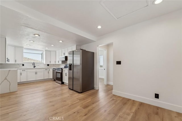1536 Wollacott St, Redondo Beach, CA 90278 - kitchen with appliances with stainless steel finishes, baseboards, white cabinets, recessed lighting, and light wood-style floors