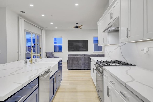 kitchen with appliances with stainless steel finishes, light hardwood / wood-style floors, light stone countertops, ceiling fan, and white cabinetry