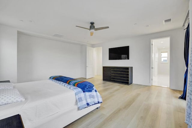 bedroom featuring light wood-type flooring and ceiling fan