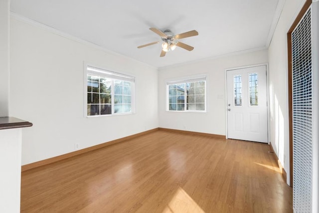 interior space featuring ceiling fan, light hardwood / wood-style floors, and crown molding