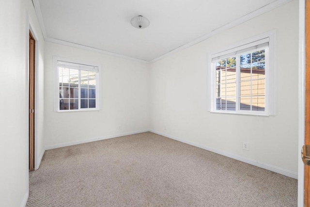 unfurnished room featuring ornamental molding, light carpet, and plenty of natural light