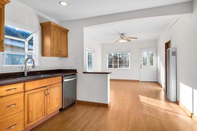 kitchen with dishwasher, light hardwood / wood-style floors, crown molding, ceiling fan, and sink