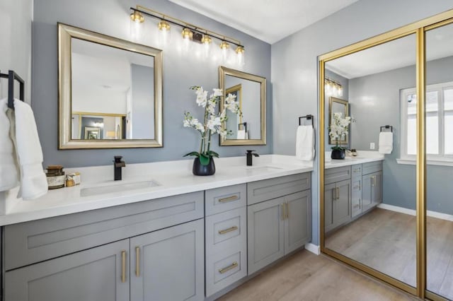 bathroom featuring hardwood / wood-style flooring and vanity