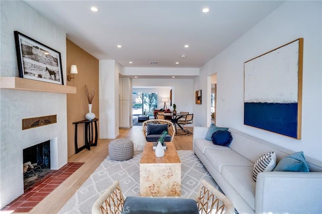 living room featuring a fireplace and hardwood / wood-style floors