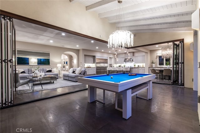 playroom featuring lofted ceiling with beams, wooden ceiling, pool table, and a chandelier