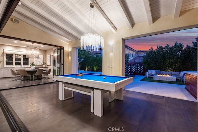 recreation room featuring wooden ceiling, pool table, vaulted ceiling with beams, and a notable chandelier