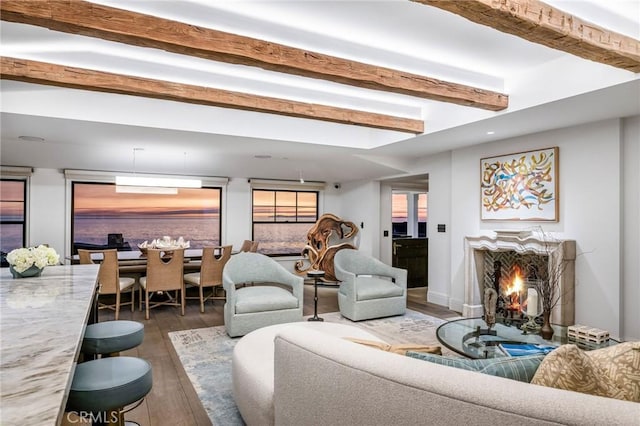 2040 Ocean Way, Laguna Beach, CA 92651 - living room featuring a warm lit fireplace, wood finished floors, and beamed ceiling