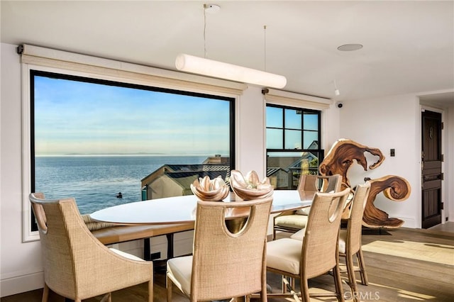 dining area featuring hardwood / wood-style flooring and a water view