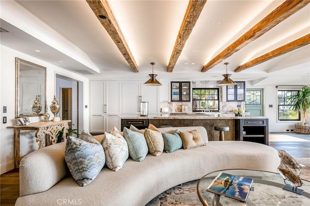 2040 Ocean Way, Laguna Beach, CA 92651 - living room with baseboards, dark wood-style flooring, visible vents, and beamed ceiling