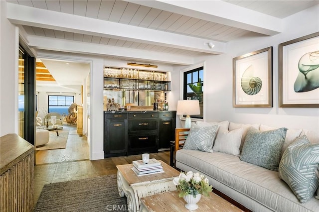 2040 Ocean Way, Laguna Beach, CA 92651 - living area with beamed ceiling, wood finished floors, and wood ceiling