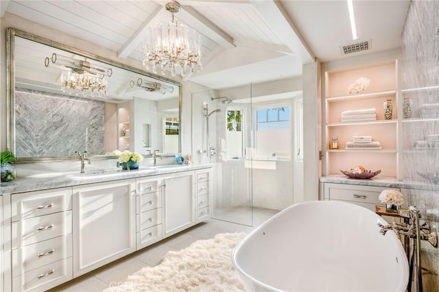 bathroom with wooden ceiling, a bath, tile patterned flooring, vanity, and lofted ceiling with beams