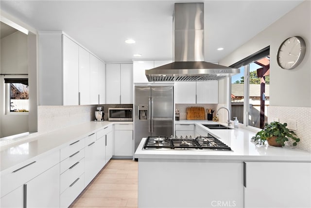 kitchen with sink, white cabinets, tasteful backsplash, island exhaust hood, and appliances with stainless steel finishes