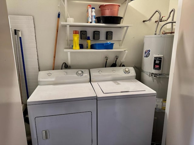 laundry area featuring water heater and washer and clothes dryer