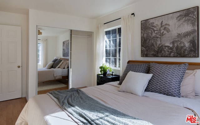 bedroom with hardwood / wood-style flooring, a closet, and multiple windows