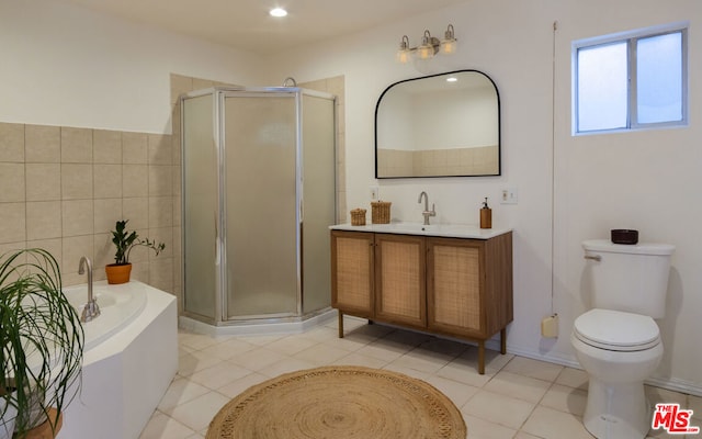 full bathroom featuring vanity, tile patterned flooring, toilet, and plus walk in shower