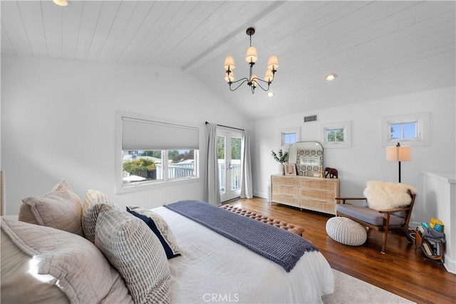 bedroom featuring dark wood-type flooring, a notable chandelier, and vaulted ceiling with beams