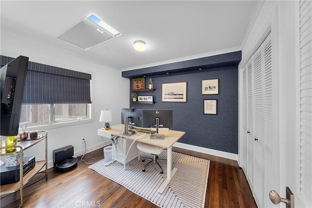 home office featuring crown molding and dark hardwood / wood-style floors