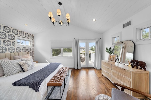 bedroom featuring wooden ceiling, a chandelier, dark hardwood / wood-style flooring, french doors, and access to outside